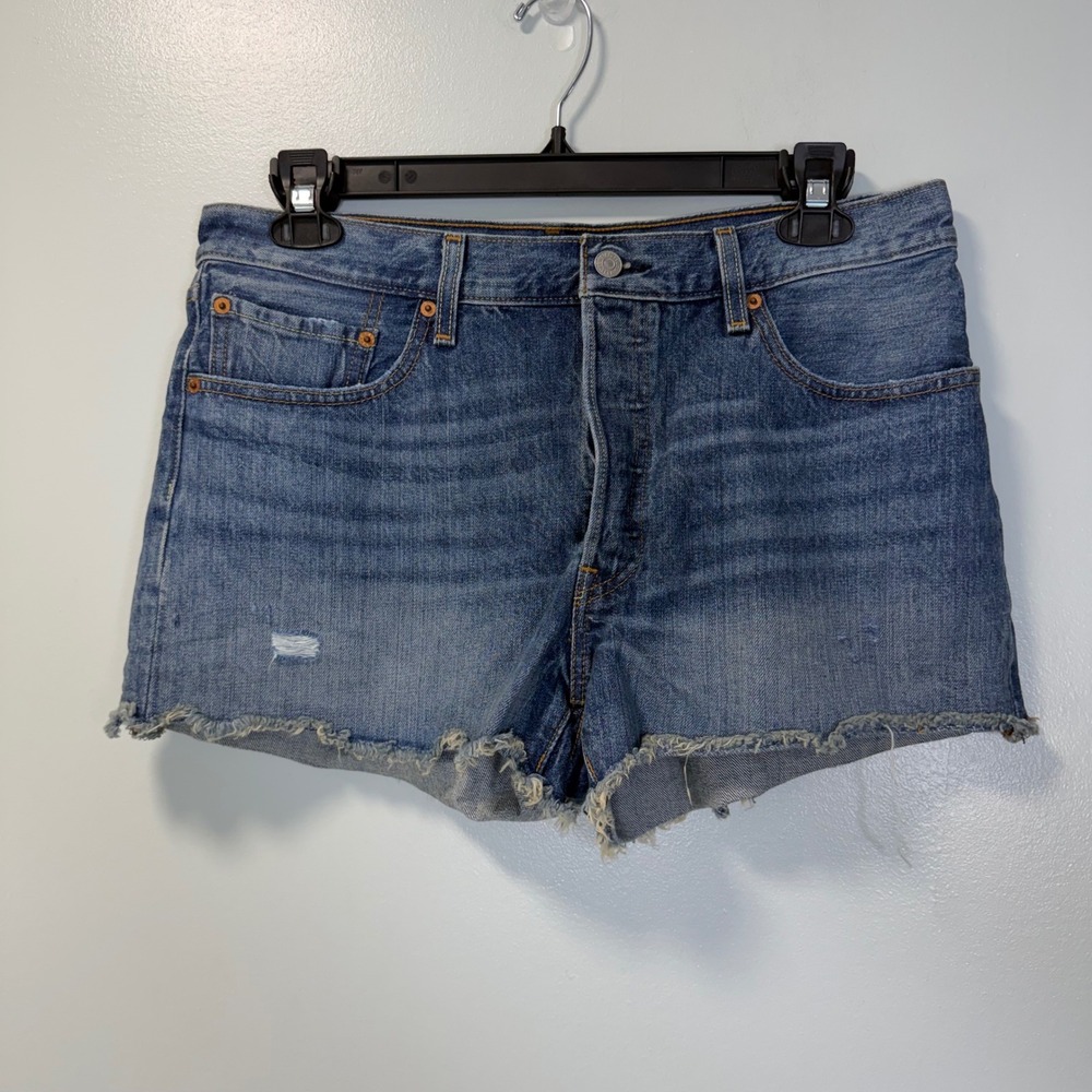 Levis 501 Original Cutoff Denim Shorts Blue Medium Wash Button Fly High Rise 34